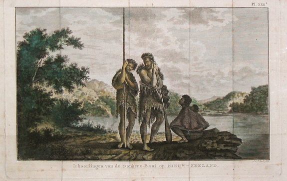 Klauber, I.S., Inboorlingen van de Donkere-Baai op Nieuw-Zeeland. , antique map, old maps