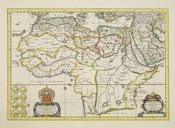 JANSSONIUS, J., Africae Antiquae, et quarundam Europae Asiaeque Adiacentium Regionum, accurata delineatio, ad Historiarum lucem edita a Nicolao Blancardo, Batavo, Leidensi, Historiarum et Politices Professore., antique map, old maps