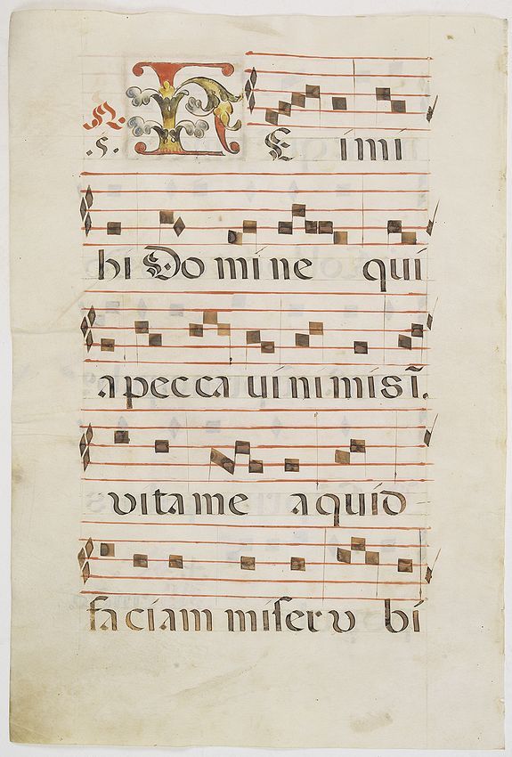 ANTIPHONER, Leaf of manuscript music from an Antiphoner., antique map, old maps