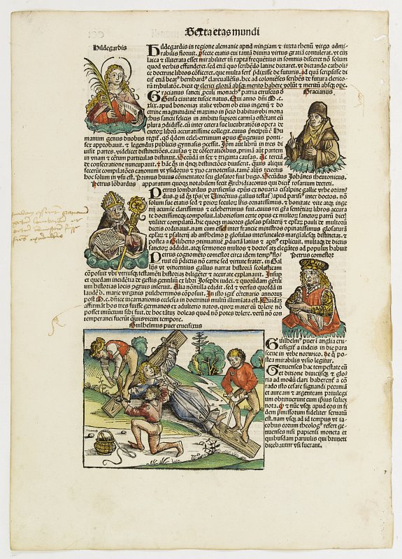 SCHEDEL, H., Sexta Etas Mudi.Hildegardis Bracianus Petrus Lobardus.., antique map, old maps