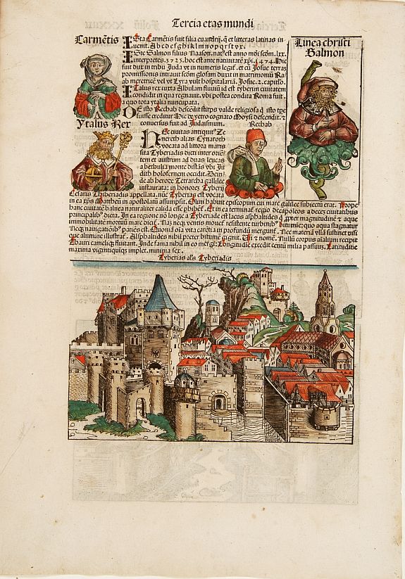 SCHEDEL, H., Tercia Etas Mudi. Tyberias / Corinthus, antique map, old maps
