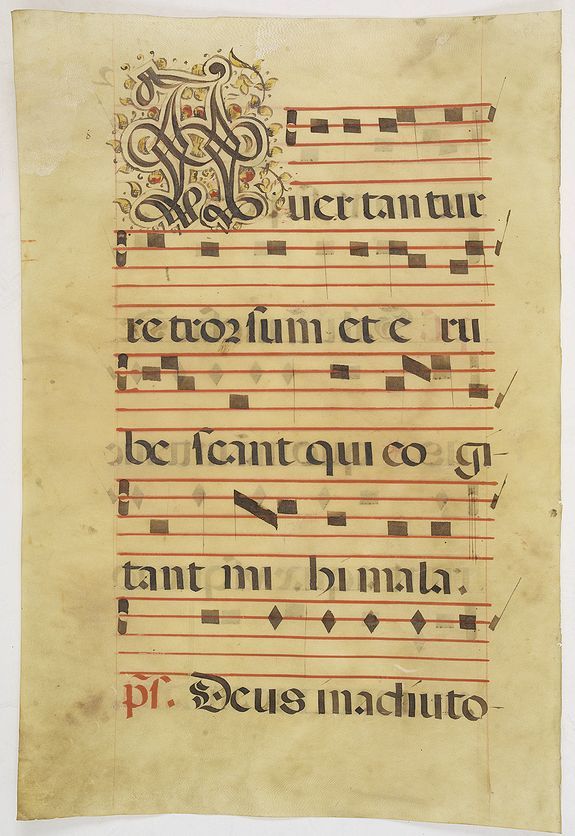 ANTIPHONER, Leaf of manuscript music from an Antiphoner., antique map, old maps