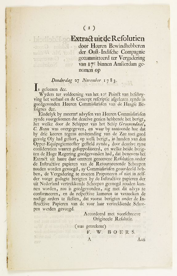 VOC., Extract uit de Resolutien door Heeren Bewindhebberen der Oost-Indische Compagnie gecommitteerd ter Vergadering van 17e binnen Amsterdam genomen op Donderdag, antique map, old maps