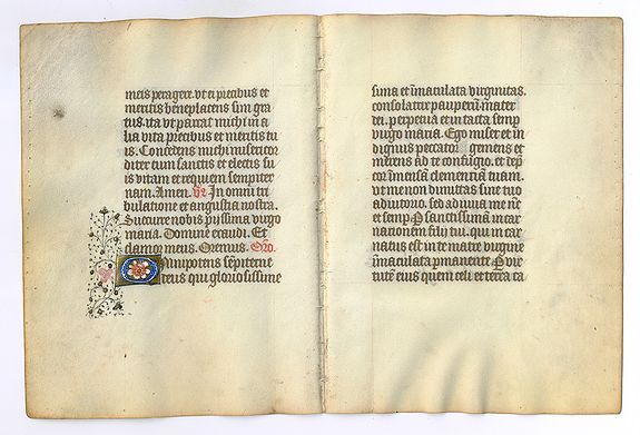 BOOK OF HOURS, Bi-folium manuscript leaf on vellum., antique map, old maps
