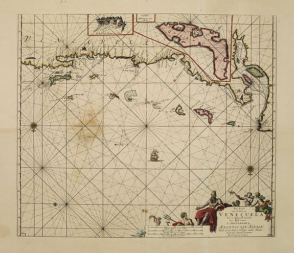 VAN KEULEN, J.,  Pas-kaart vande Zee kusten van Venecuela met de Byleggende Eylanden. . ., antique map, old maps