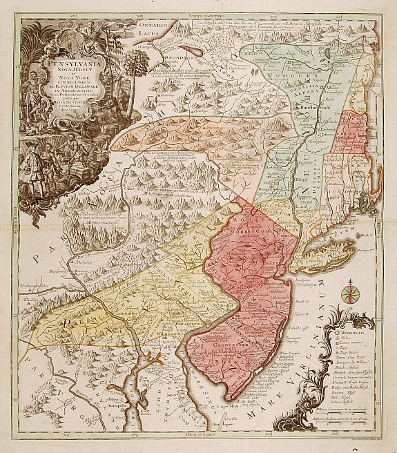 SEUTTER,M., Pensylvania, Nova Jersey et Nova York.., antique map, old maps