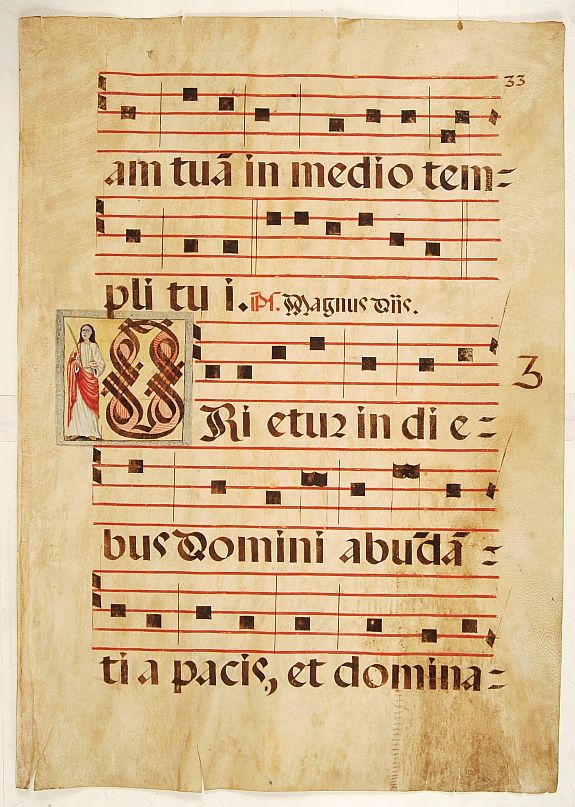 ANTIPHONER, Leaf from a very large antiphoner, written in Latin on heavy vellum., antique map, old maps