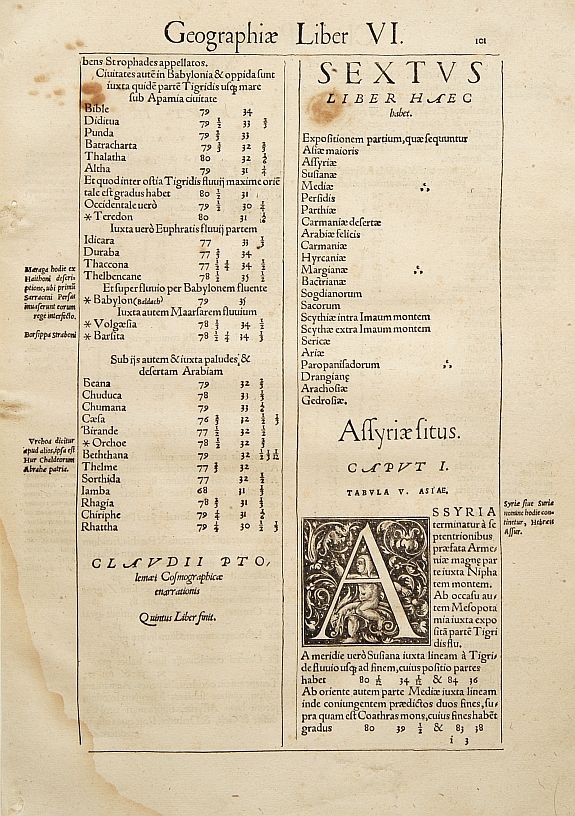 PTOLEMY,C./ FRIES,L., Text page with large intitial A., antique map, old maps