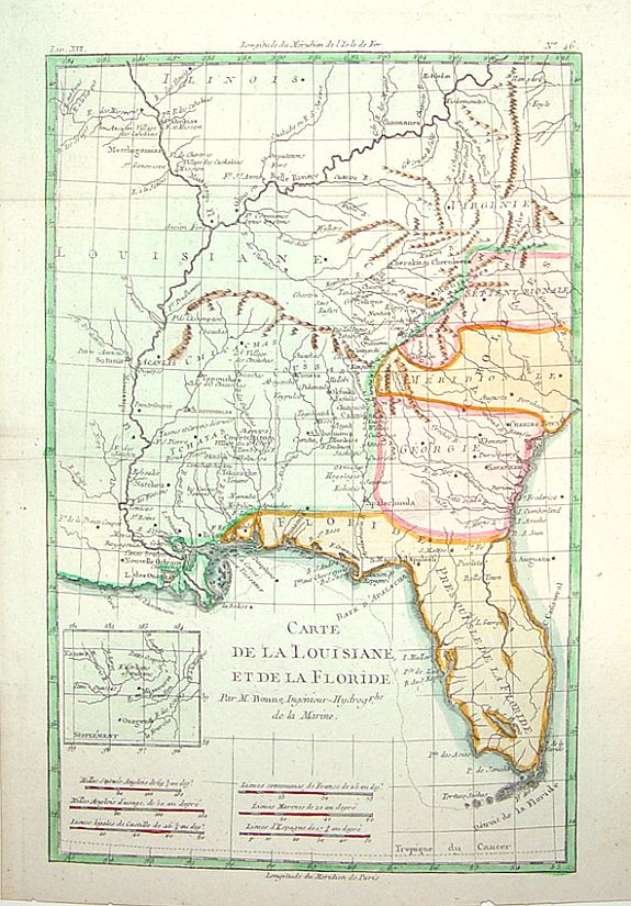 BONNE,R., Carte de la Louisinae, et de Floride., antique map, old maps
