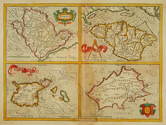 MERCATOR,G./ HONDIUS,J., Anglesey./Iarsay./Garnesay./ Wight Vectis Olim., antique map, old maps