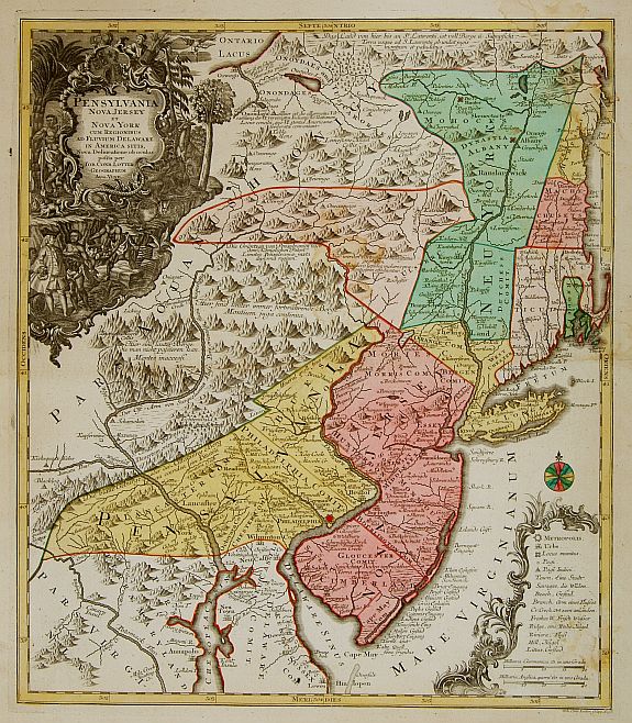SEUTTER,M./LOTTER,T.C., Pensylvania, Nova Jersey et Nova York.., antique map, old maps