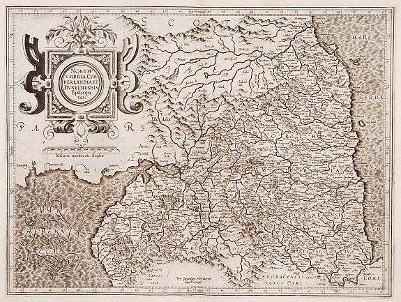 MERCATOR,G./ HONDIUS,J., Northumbria, Cumberlandia et Dunelmensis Episcopatus., antique map, old maps