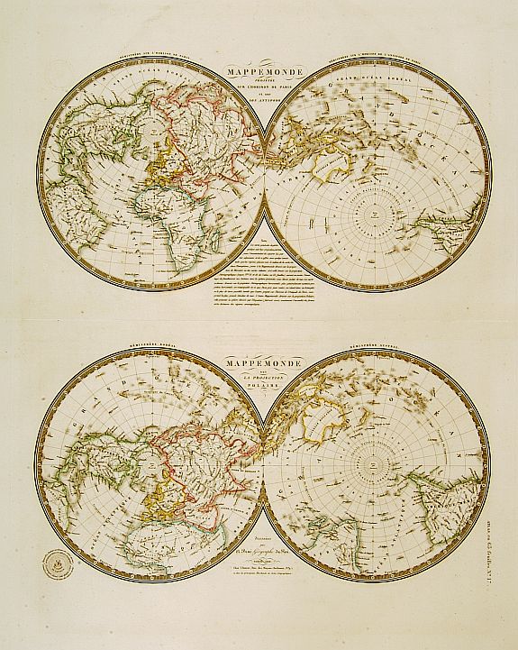 BRUÉ,A., Mappemonde projetée sur l'horizon de Paris.. / Mappemonde sur la projection polaire., antique map, old maps