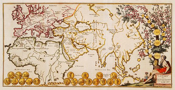 ANONYMOUS, Den AARDBODEM na de Zundvloed door NOACHs dri Soonen en hare nakomelingen bevolkt., antique map, old maps