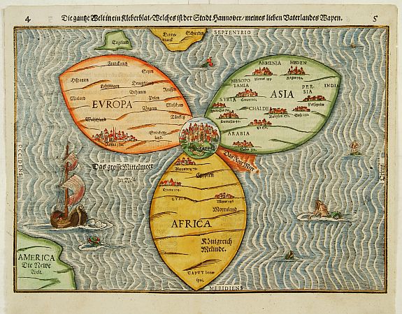 BÜNTING,H., Die gantze Welt in ein Kleberblatt.., antique map, old maps