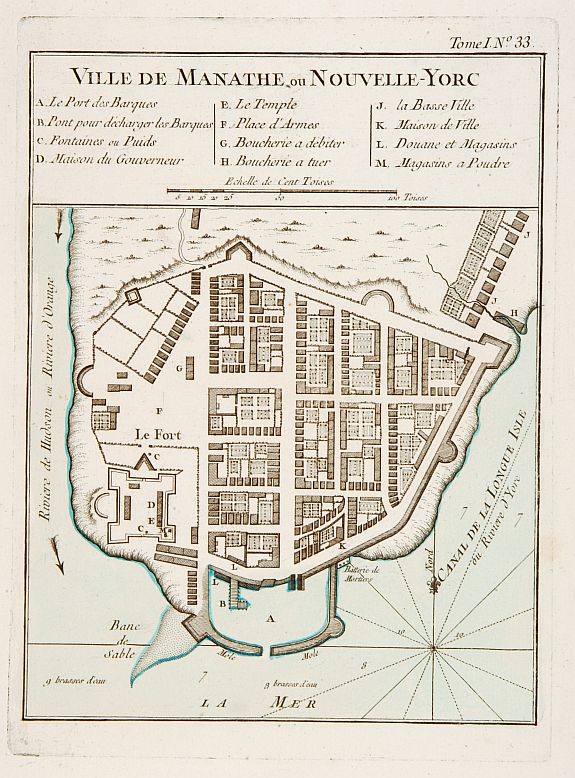 BELLIN,J.N., Ville de Manathe ou Nouvelle-Yorc., antique map, old maps
