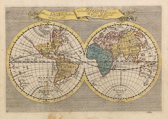 JONGE, N., Globus terrestris, det er Jordens Klode forestillende Verdens IV Dele., antique map, old maps