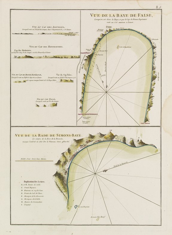 D'APRES DE MANNEVILLETTE., Vue de la Baye de False / Vue de la Rade de Simons-Baye. Vue du Cap des Aiguilles. Vue du Cap des Hottentots. Vue du Cap de Bonne Espérance., antique map, old maps