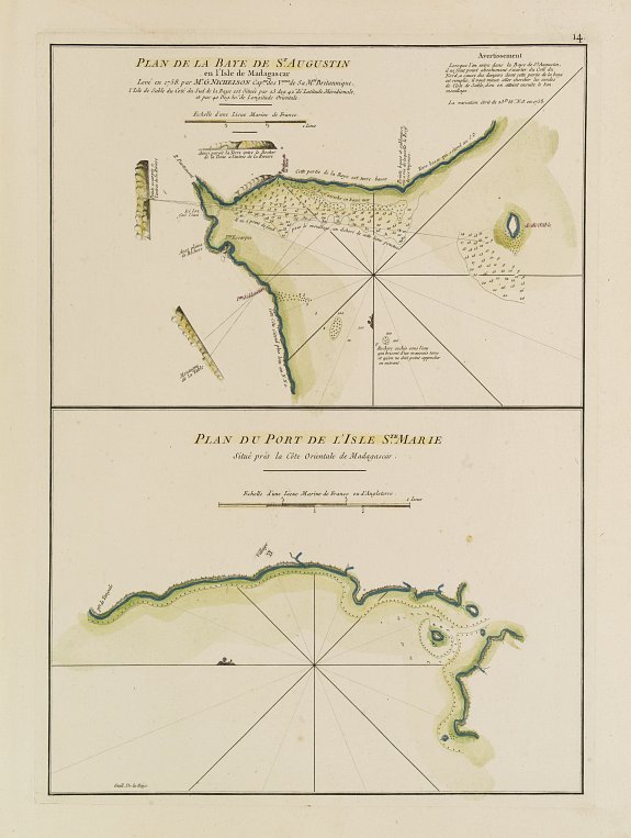 D'APRES DE MANNEVILLETTE., Plan de la Baye de St Augustin en l'Isle de Madagascar.. / Plan du Port de l'Isle Ste. Marie situé près la Côte Orientale de Madagascar., antique map, old maps
