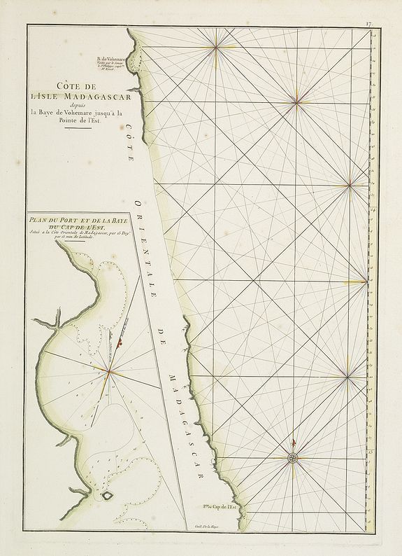 D'APRES DE MANNEVILLETTE., Côte de l'Isle de Madagascar depuis la Baye de Vohemare jusqu'à la pointe de l'Est. Plan du Port et de la Baye du Cap de l'Est., antique map, old maps