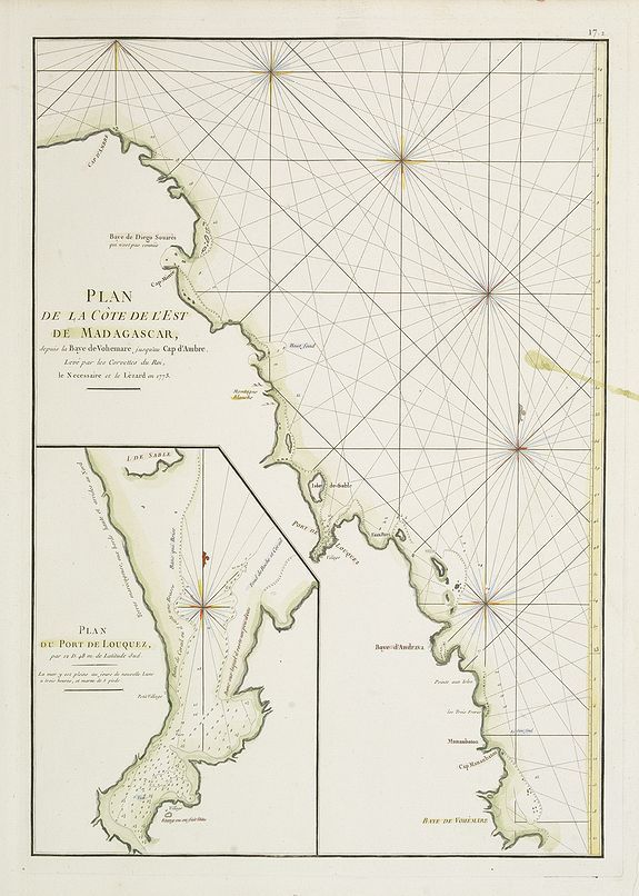 D'APRES DE MANNEVILLETTE., Plan de la Côte de l'Est de Madagascar, depuis la Baye de Vohemare jusqu'au Cap d'Ambre. Plan du Port de Louquez., antique map, old maps