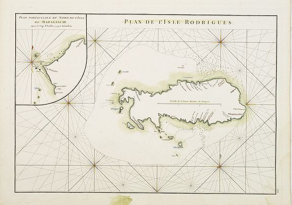 D'APRES DE MANNEVILLETTE., Plan de lIsle de Rodrigues. / Plan particulier du Nord de l'Isle de Madagascar depuis le Cap d' Ambre jusqu'à Infandria. Plan particulier du Nord de l'Isle de Madagascar depuis le Cap d'Ambre jusqu'à Infandria., antique map, old maps