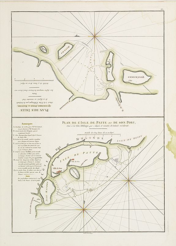 D'APRES DE MANNEVILLETTE., Plan des Isles Querimbo, Oybo, et Matemo / Plan de l'Ile de Patte et de son Port., antique map, old maps