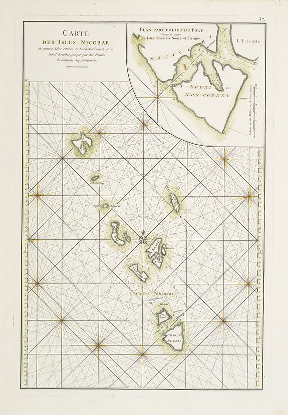 D'APRES DE MANNEVILLETTE., Carte des Isles Nicobar… (with) Plan particulier du Port compris entre les Isles Nacaveri, Souri, et Tricutte., antique map, old maps