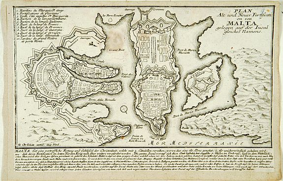 KILIAN,G.C., Plan Alt und Neuer Fortificatizon von Malta gelegen auf der Insul gleiches Namens. [Valletta], antique map, old maps
