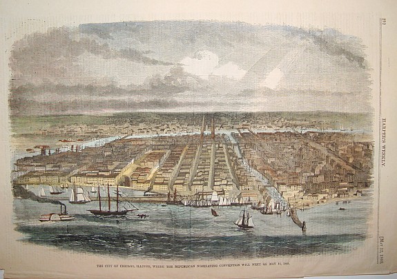 HARPERs WEEKLY with CHARLES GRAHAM as artist., The City of Chicago, Illinois, Where the Republican Convention will Meet on May 16, 1860., antique map, old maps