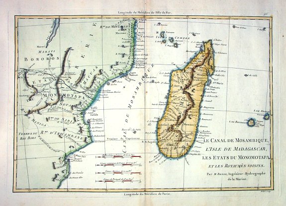 BONNE,R., LE CANAL DE MOSAMBIQUE, L'ISLE DE MADAGASCAR, LES ETATS DU MONOMOTAPA ET LES ROYAUMES VOISINS, antique map, old maps