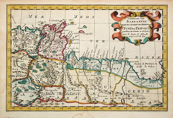 Sanson, N., T Gedeelte van Barbaryen waar in leggen de Ryken van Tunis en Tripoli., antique map, old maps
