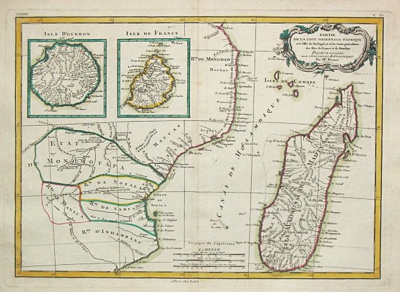 Lattré, J. / R.Bonne., Parte de la Cote Orientale d' Afrique avec l' Isle de Madagascar et les Cartes particulières des Isles de France et de Bourbon., antique map, old maps