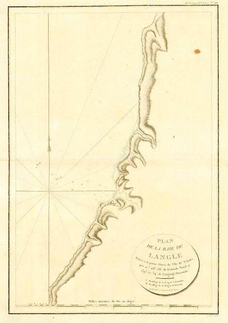 La Pérouse, J.B.G. Comte de ., Plan de la Baie de Langle, situee a la partie Ouest de l' Isle de Choka, antique map, old maps