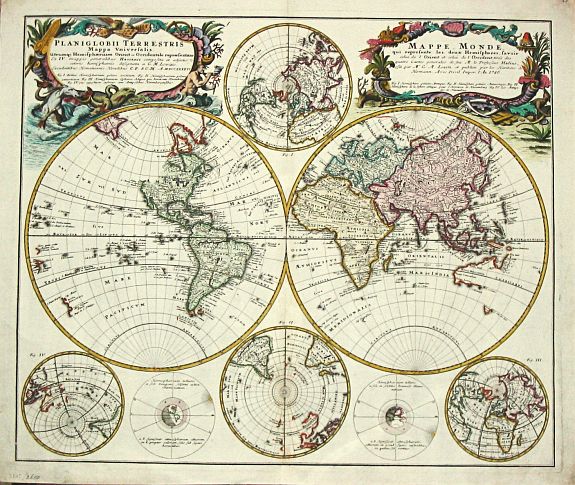 Homann Heirs., Planiglobbi Terrestris Mappa Universalis Utrumq Hemisphaerium Orient et Occidentale repraesentans / Mappe-Monde qui represente les Deux Hemispheres., antique map, old maps