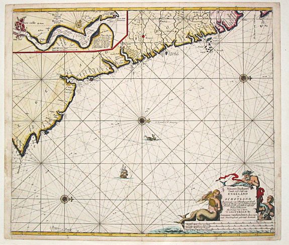 Keulen, G. van., Nieuwe Paskaert Vande oost Cust van Engeland en Schotland. Beginnende van 't Flamburger Hooft tot aan de Rivier van Eedenborg. Inset: The River Tyne., antique map, old maps