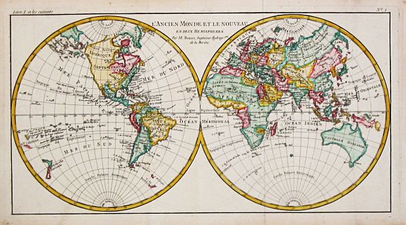 Bonne, R., L' Ancien Monde et le Nouveau en deux Hemispheres., antique map, old maps