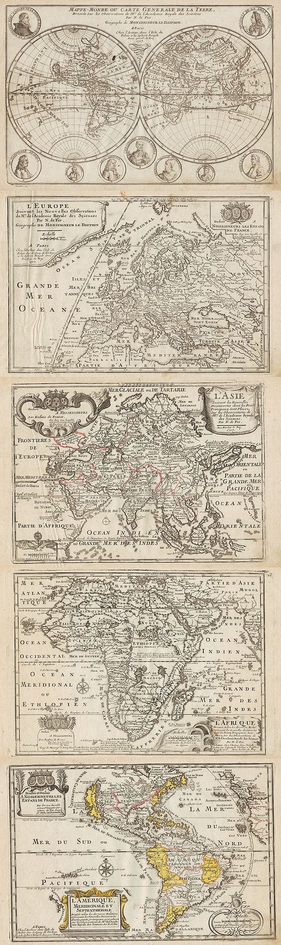 DE FER, N., [5 maps] Mappe-Monde ou Carte Generale de la Terre � / L'Europe � / L'Asie � / L'Afrique � / L'Amerique, Meridionale et Septentrionale �, antique map, old maps