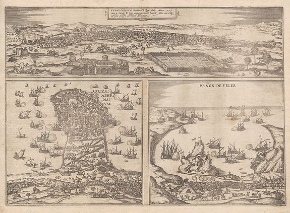BRAUN, G. / HOGENBERG, F., Tunes, Oppidum Barbarie & Regina fedes ... / Africa olim Aphrodisum. / Penon de Veles., antique map, old maps
