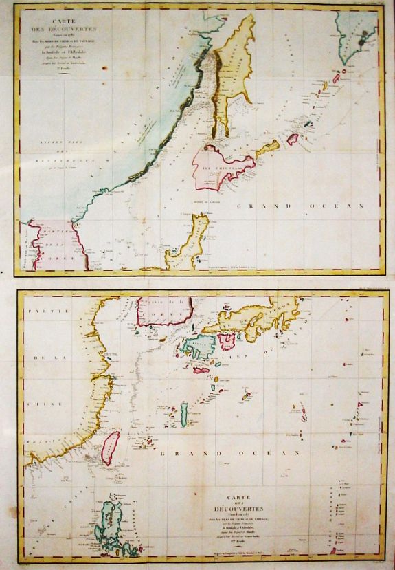 La Pérouse, J.B.G. Comte de., Carte des découvertes Faites en 1787 dans les Mers de Chine et de Tartarie, 1e Feuille/ 2e Feuille., antique map, old maps