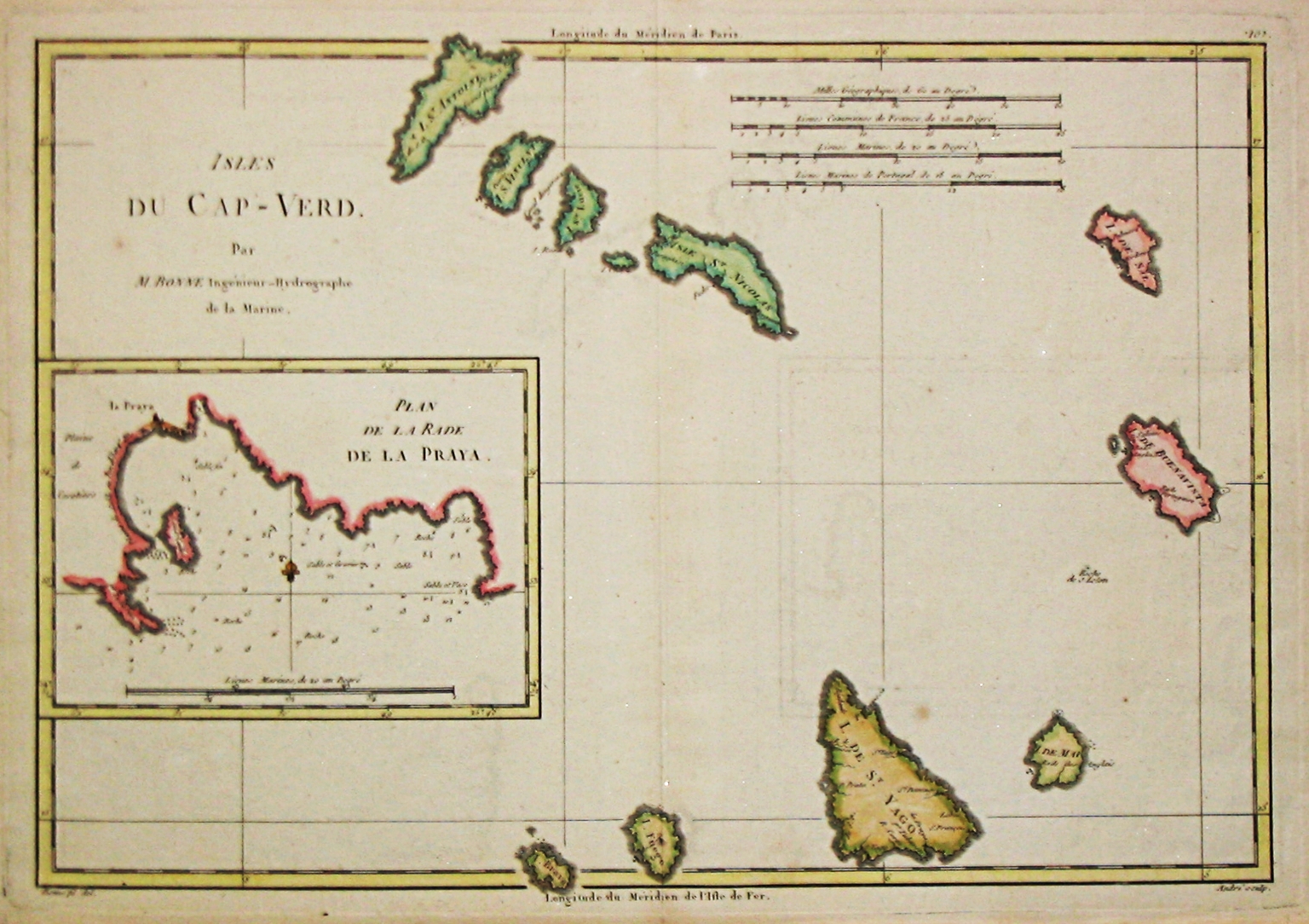 Bonne, R., Isles du Cap -Verd. / Plan de la Rade de la Praya., antique map, old maps