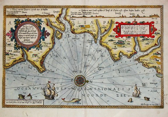 Waghenaer, L.J., De Zee Custen tuschen Dovere eñ Orfordts nesse, daer de Teemse de Vermaerde Riviere vã Lõnen gelegens is, met alle sanden ondiepte, naer haren wesen eñ ghedaente / Orae maritimae inter Doverium et Ortfortnissam &tc. , antique map, old maps