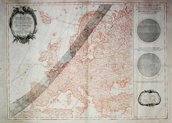 Le Paute Dagelet, Mad. / Mad. E.C.Tardieu., Passage de l' Ombre de la Lune au travers de l' Europe? 1er Avril 1764. / Fases de l' Eclipse telles qu'on les obsevera a Paris., antique map, old maps