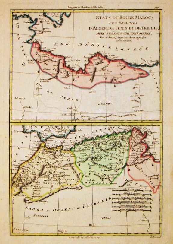 Bonne, R., Etats du Roi de Maroc, Les Royaumes d' Alger, de Tunis et de Tripoli, avec les Pays circumvoisins., antique map, old maps