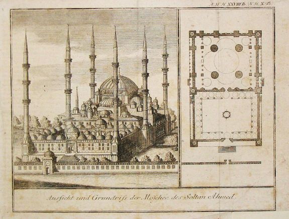 Anonym, German., Aussicht und Grundriss der Moschee des Soltan Ahmed., antique map, old maps