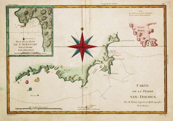 Bonne, R., Carte de la Terre Van-Diemen, inset: Plan de la Baye de L' Aventure sur la Terre Van-Diemen., antique map, old maps