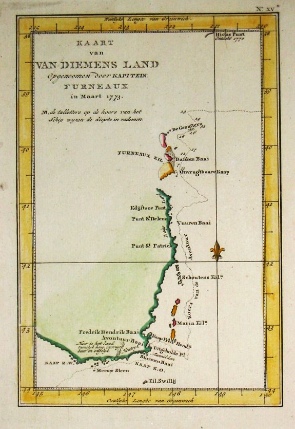 Cook, J., Kaart van Van Diemens Land., antique map, old maps