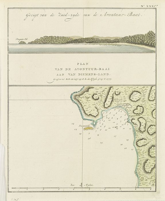 Cook, J., Gezicht van de Zuidzijde van de Avontur-Baai/ Plan van de Avontuur-Baai aan van Diemens-Land., antique map, old maps