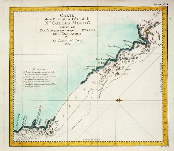 COOK, Capt. J., Carte d'une Partie de la Côte de la N.le galles Merid.le depuis le Cap Tribulation jusqu'au Détroit de l' Endeavour. 1770., antique map, old maps