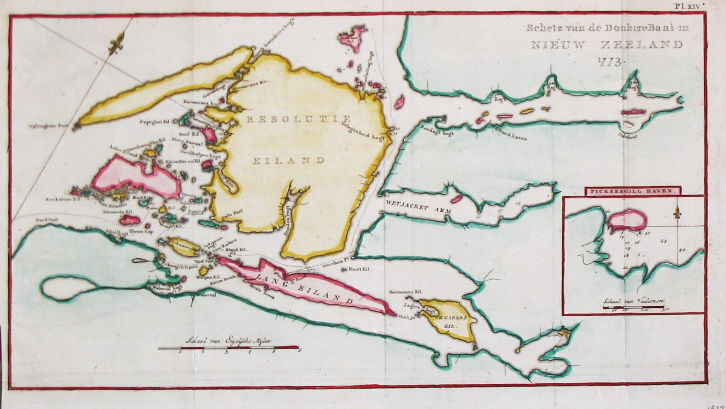 Cook, J., Schets van de Donkere Baai in Nieuw Zeeland 1773., antique map, old maps